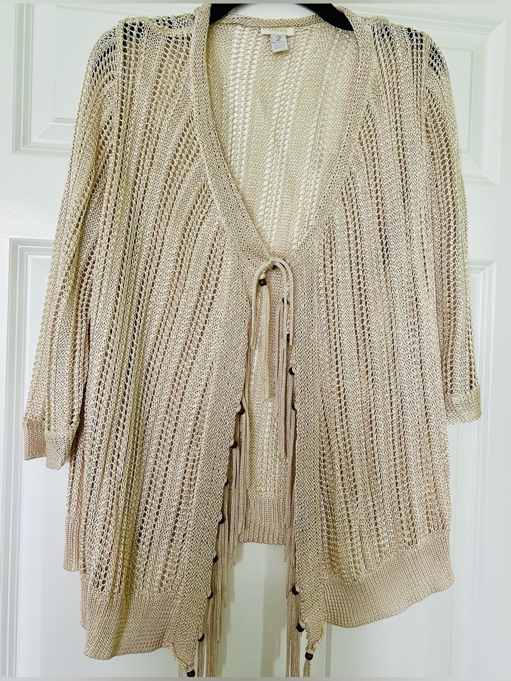 Chico's Light Beige Open-Weave Fringe Trim Cardigan